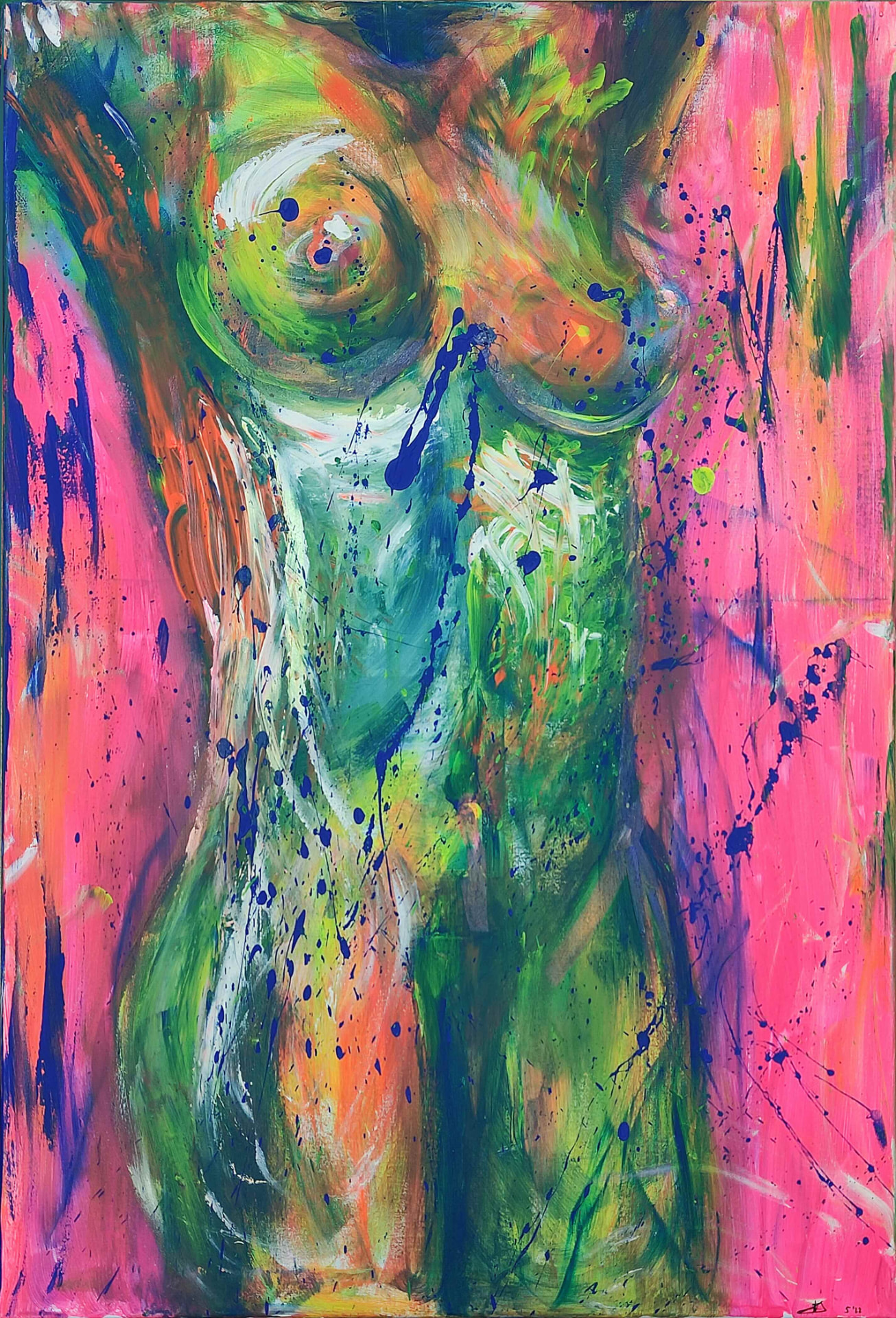 Abstract painting by Liesa Witt in pink, green, blue and orange